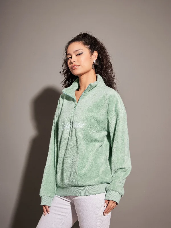 Women Green Fur CALIFORNIA Embroidered High Neck Sweatshirt