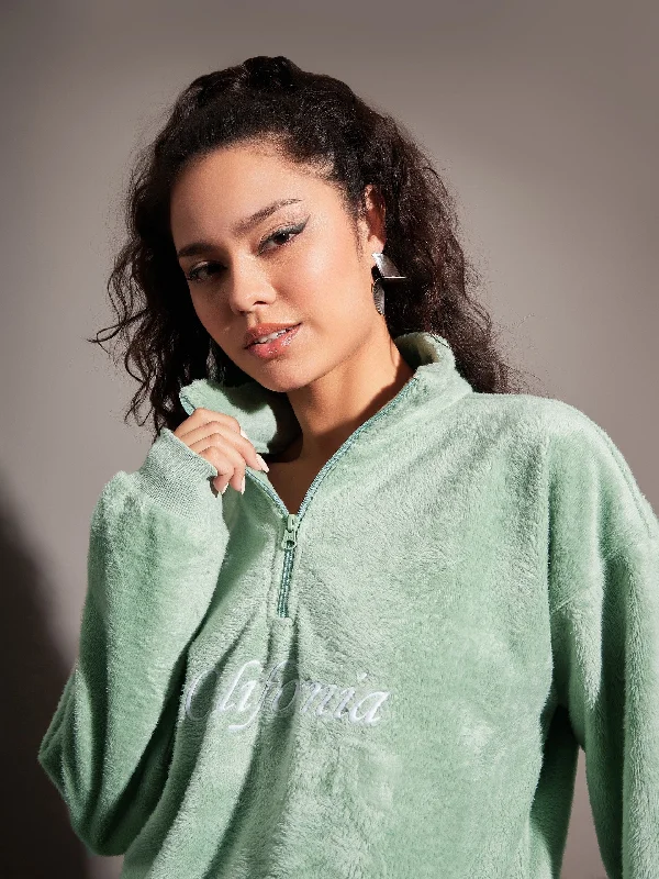 Women Green Fur CALIFORNIA Embroidered High Neck Sweatshirt