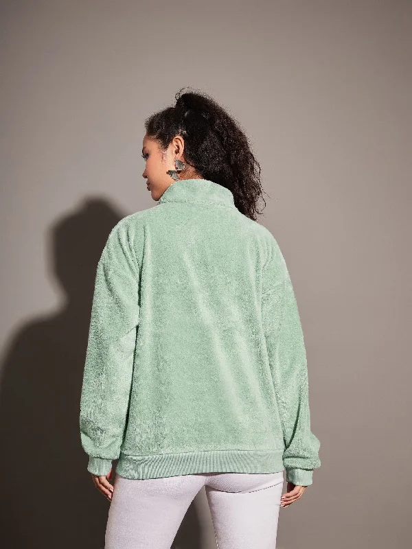 Women Green Fur CALIFORNIA Embroidered High Neck Sweatshirt