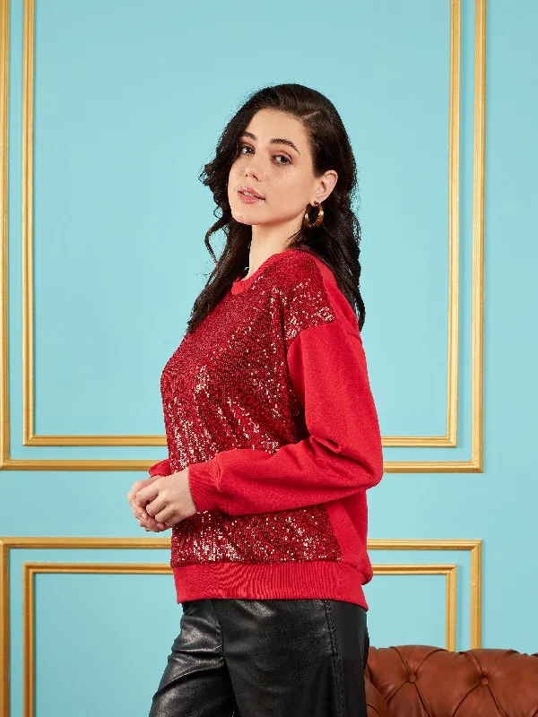 Women Red Sequin Oversized Sweatshirt