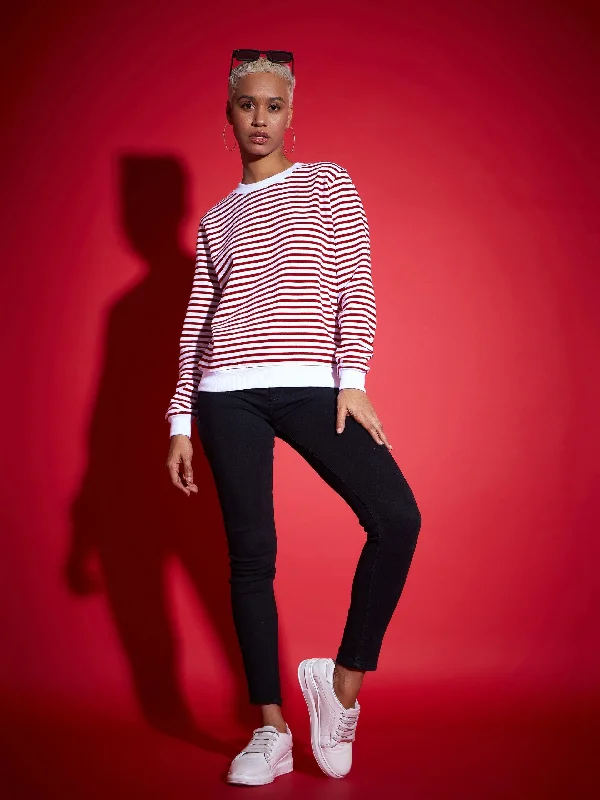 Women Red & White Striped Fleece Sweatshirt