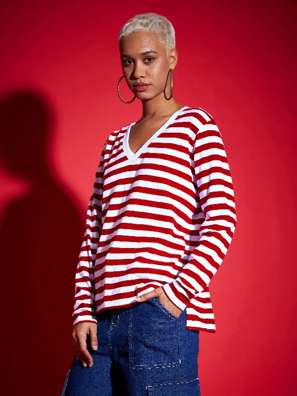 Women Red & White Striped Sweater