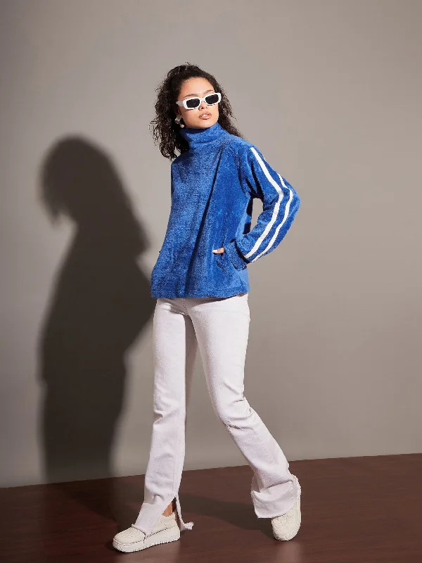 Women Royal Blue Fur Contrast Tape High Neck Sweatshirt