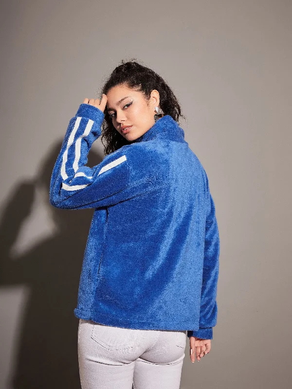 Women Royal Blue Fur Contrast Tape High Neck Sweatshirt