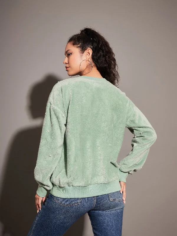 Women Sea Green Fur Pearl Sweatshirt